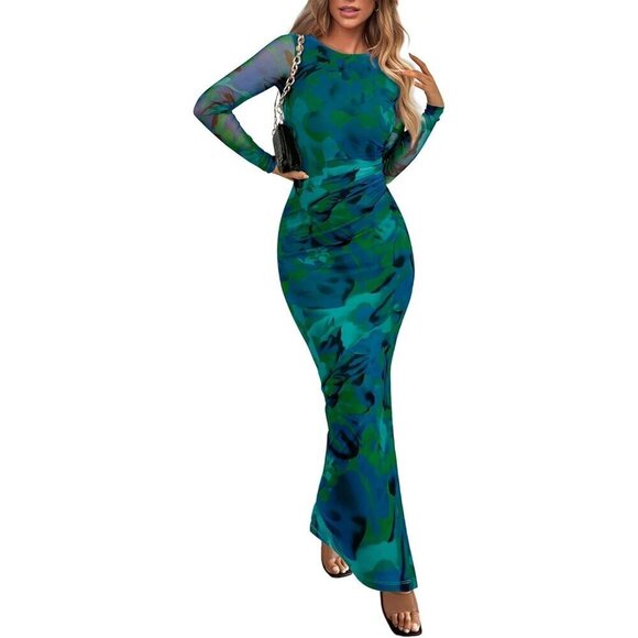 PRETTYGARDEN Women's Bodycon Maxi Dress Green Long Sleeve Dress - Picture 1 of 9